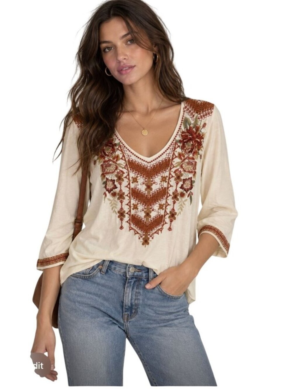 Johnny Was Cream & Brown Floral Cotton Blouse Boho Swing- Size S